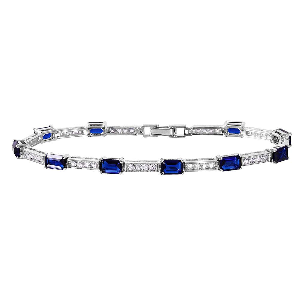 Sterling Silver Rhodium Plated Multi Square Clear and Blue CZ Tennis Bracelet