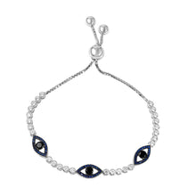 Load image into Gallery viewer, Sterling Silver Rhodium Plated 3 Blue CZ Evil Eye Bubble Link Bracelet