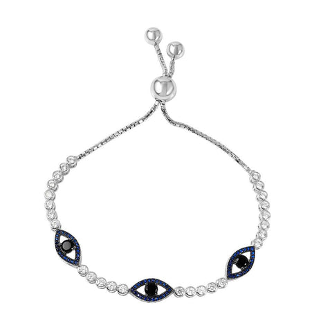 Sterling Silver Rhodium Plated 3 Blue CZ Evil Eye Bubble Link Bracelet