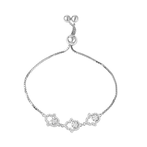 Sterling Silver Rhodium Plated Open CZ Hamsa Hand Lariat Bracelet