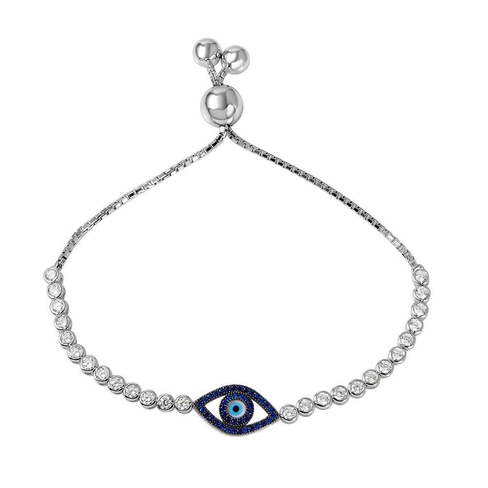 Sterling Silver Rhodium Plated Blue CZ Evil Eye Bracelet