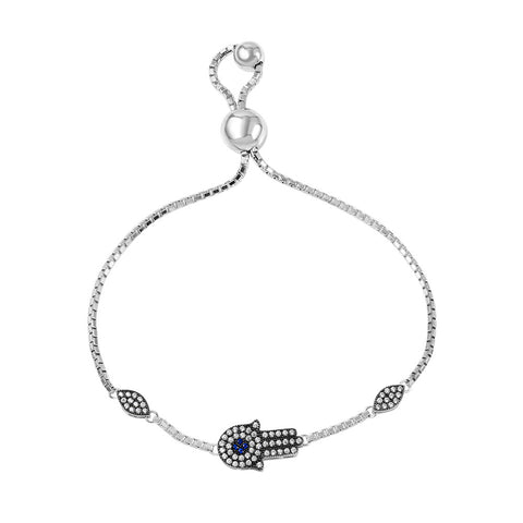 Sterling Silver Rhodium Plated CZ Hamsa Hand Lariat Bracelet