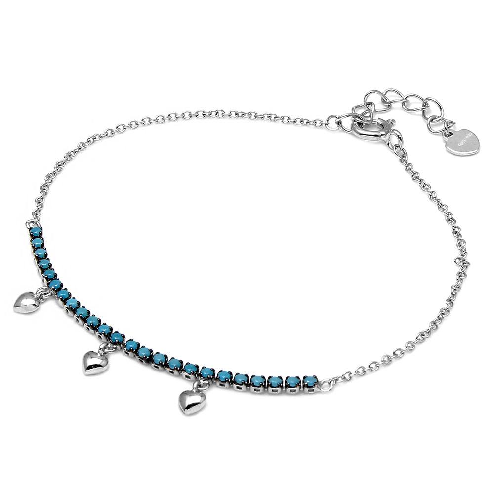 Sterling Silver Rhodium Plated Turquoise Stones With Hanging Hearts Bracelet