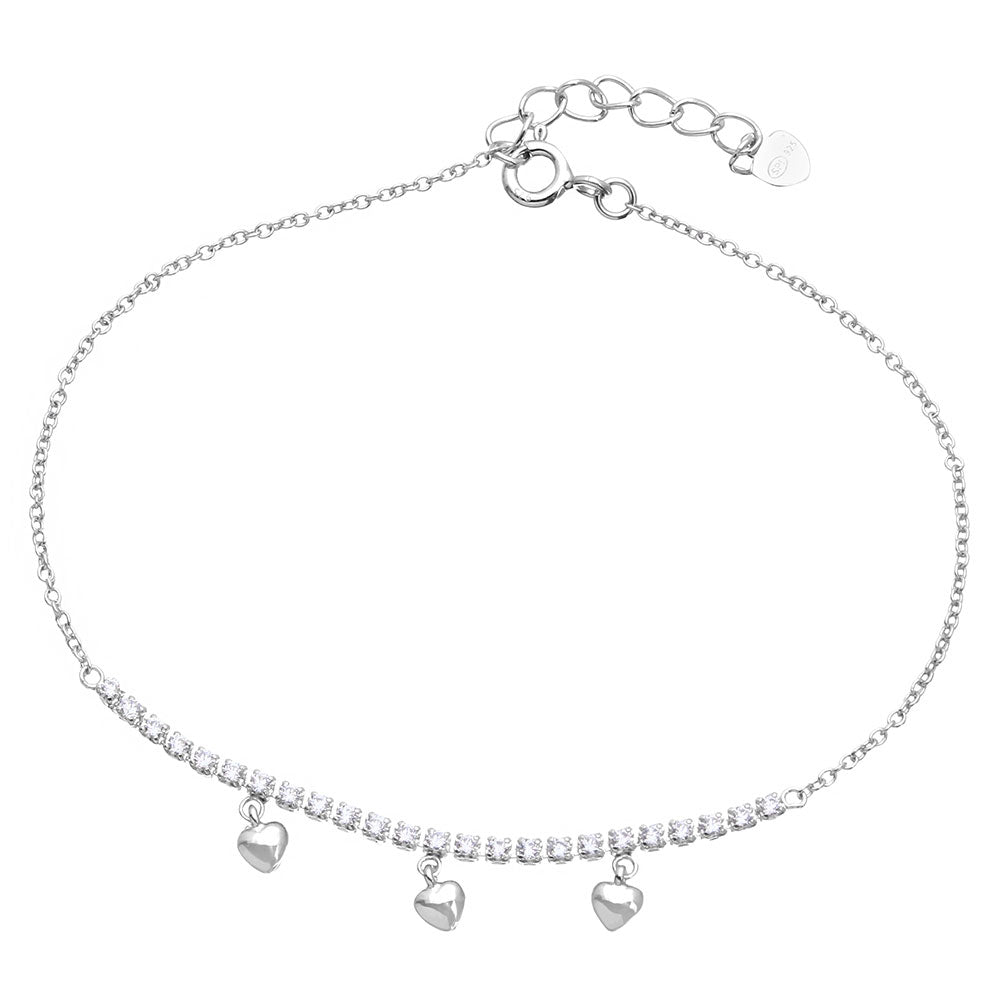 Sterling Silver Rhodium Plated CZ Beads With Hanging Hearts Bracelet