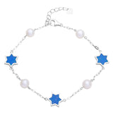 Sterling Silver Rhodium Plated Fresh Water Mother of Pearl With Blue Enamel Star Bracelet