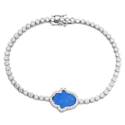 Sterling Silver Rhodium Plated Round CZ Tennis Bracelet with Blue Enamel Hamsa