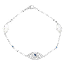 Load image into Gallery viewer, Sterling Silver Rhodium CZ Evil Eye And MOP Hamsa Bracelet