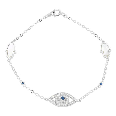 Sterling Silver Rhodium CZ Evil Eye And MOP Hamsa Bracelet