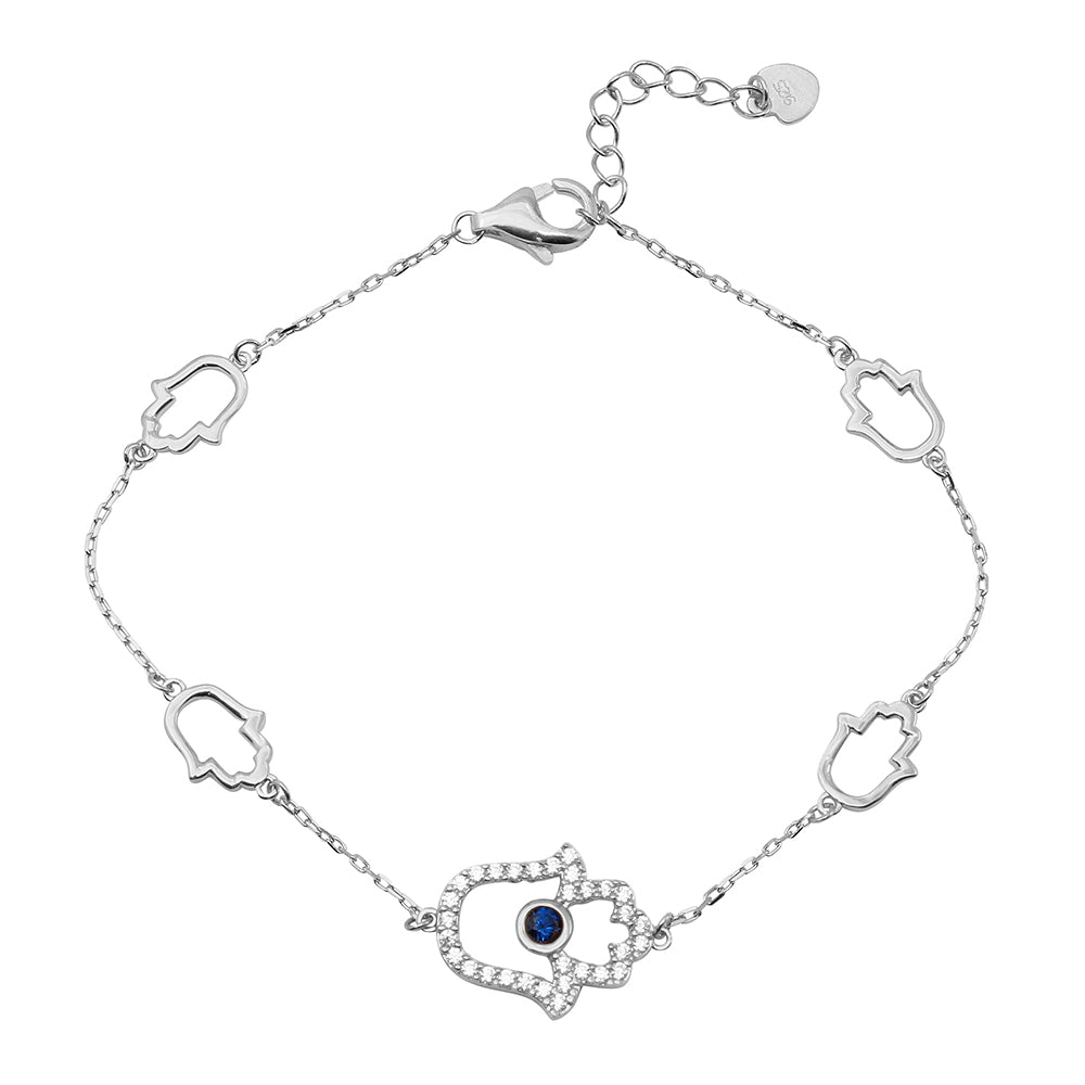 Sterling Silver Rhodium Plated Multiple Hamsa CZ Bracelet