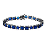 Sterling Silver Black Rhodium Plated Blue Synthetic Rectangle And Oval CZ Bracelet