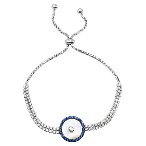 Sterling Silver Rhodium Plated MOP Evil Eye CZ Lariat Bracelet