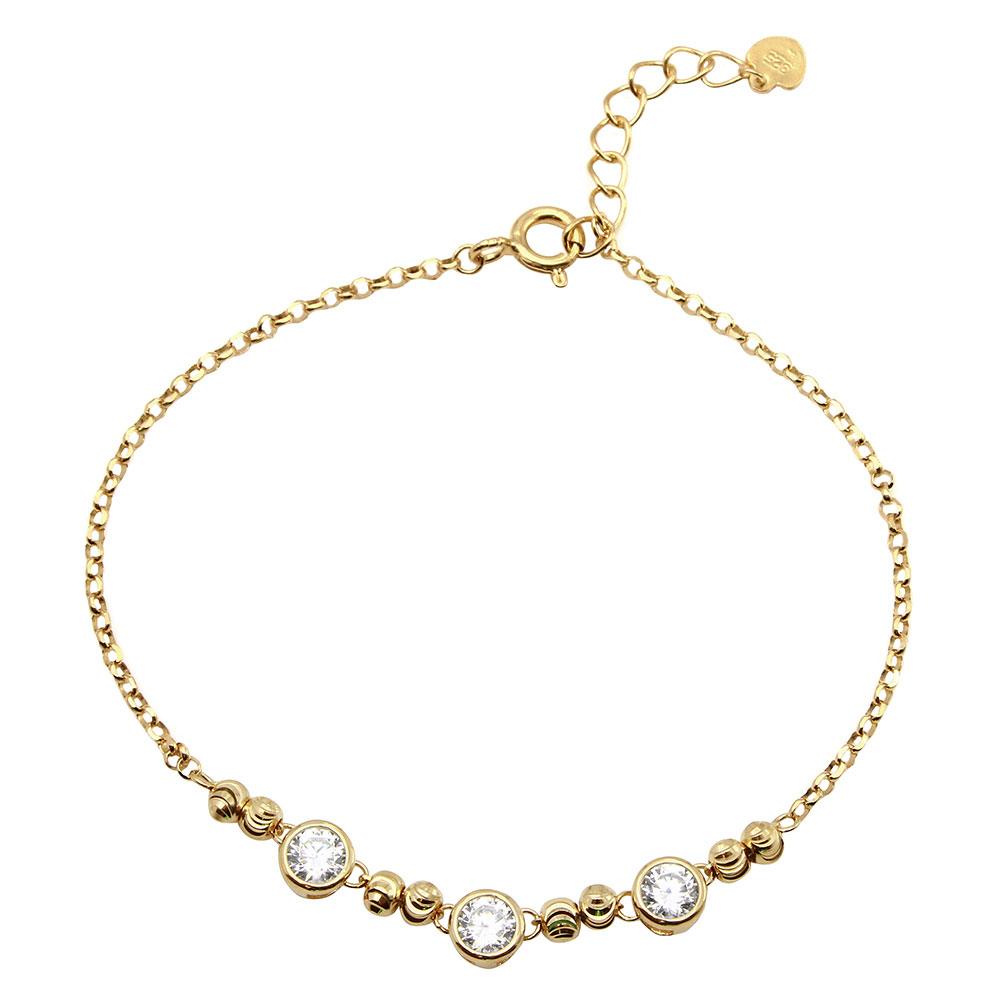 Sterling Silver Gold Plated Beaded 3 Stones Link Bracelet