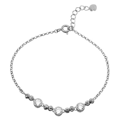 Sterling Silver Rhodium Plated Beaded 3 Stones Link Bracelet
