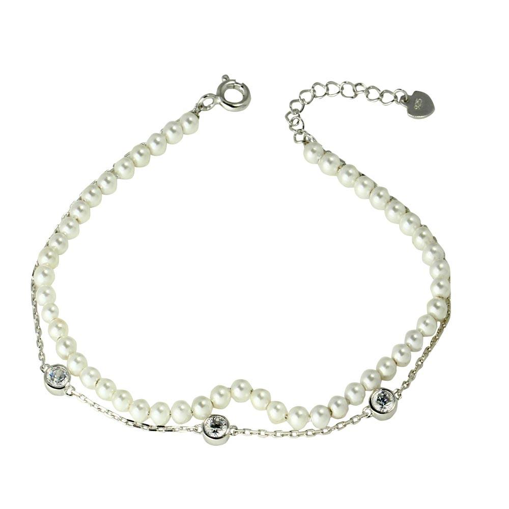 Sterling Silver Rhodium Plated Double Strand Synthetic Pearl with CZ
