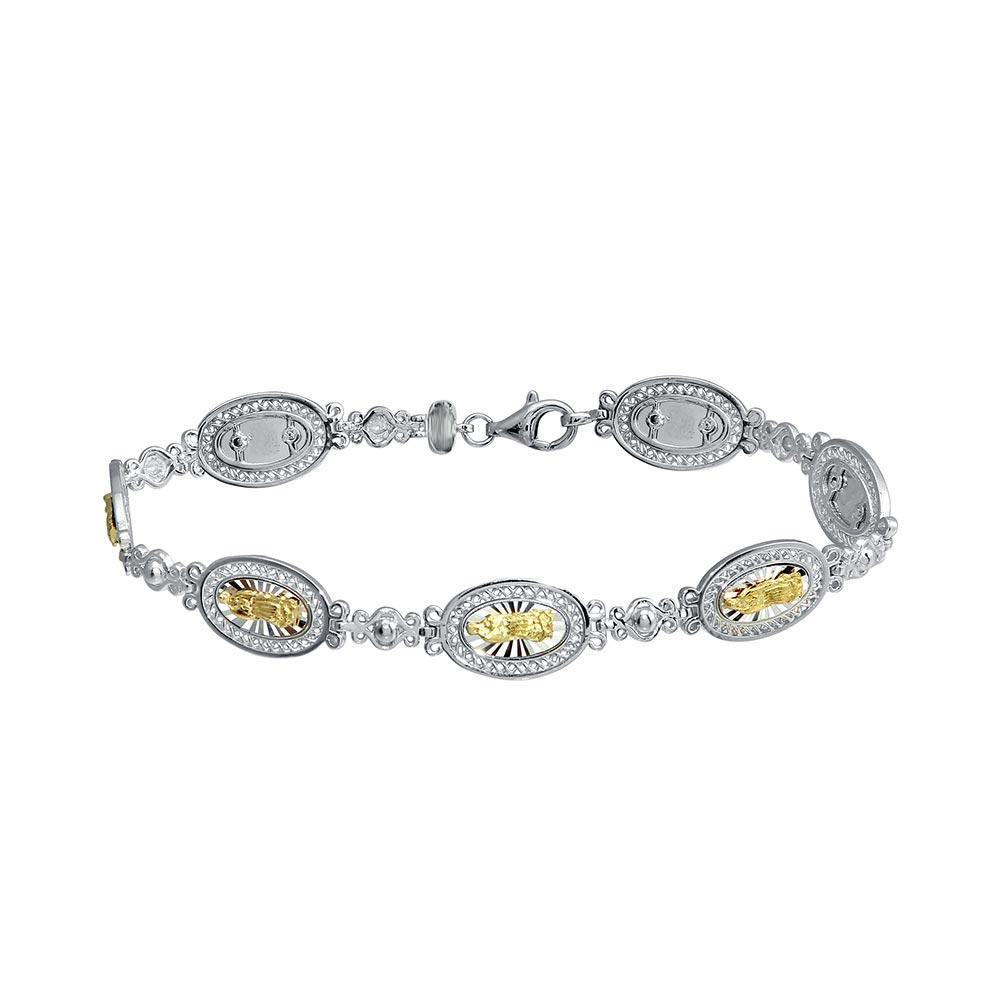 Sterling Silver 2 Toned Oval Mary Link Tennis Bracelet - silverdepot