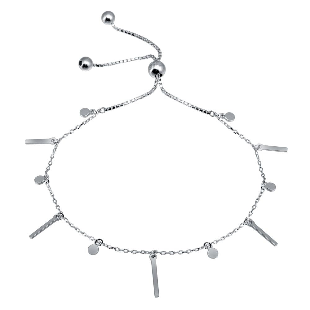 Sterling Silver Rhodium Plated Layered Dangling Bar and Disc Chain Lariat Bracelet