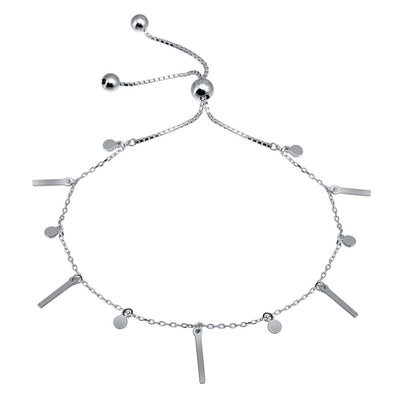 Sterling Silver Rhodium Plated Layered Dangling Bar and Disc Chain Lariat Bracelet