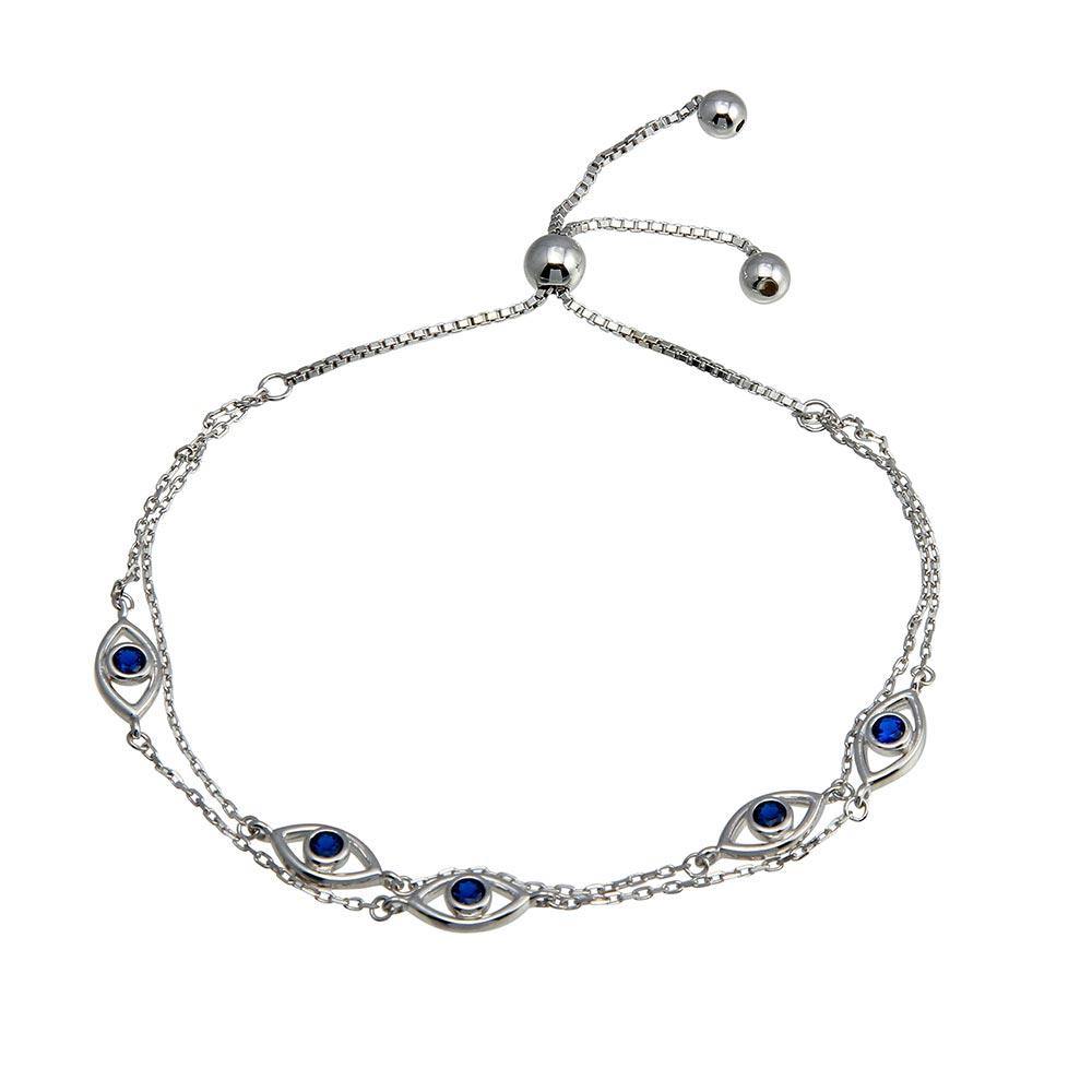 Sterling Silver Rhodium Toned Plated Multi Chain Evil Eye Blue CZ Lariat Bracelet - silverdepot