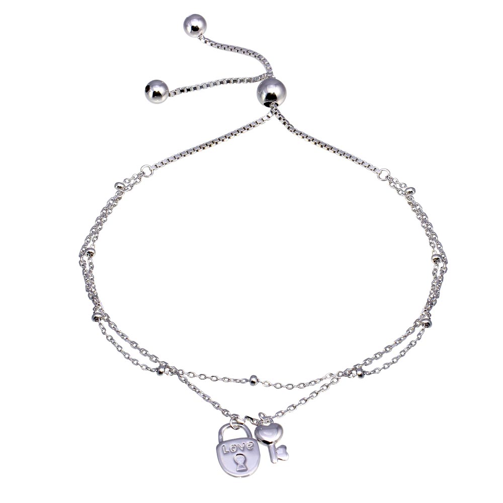 Sterling Silver Rhodium Plated Layered Lock and Key Chain Lariat Bracelet