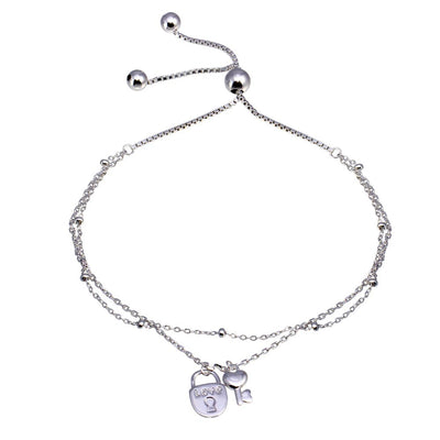 Sterling Silver Rhodium Plated Layered Lock and Key Chain Lariat Bracelet