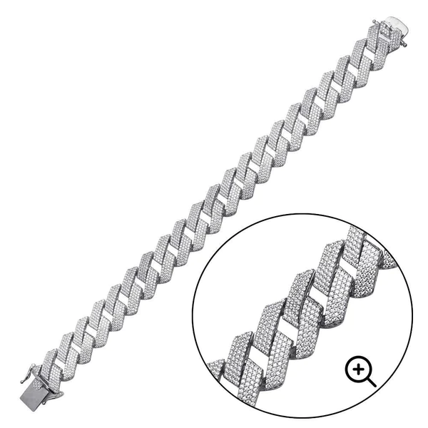 Sterling Silver Rhodium Plated CZ Encrusted Miami Cuban Link Bracelet-17mm