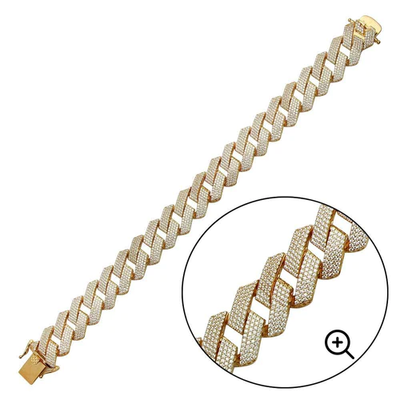 Sterling Silver Gold Plated CZ Encrusted Square Miami Cuban Link Hip Hop Bracelet Width-17mm