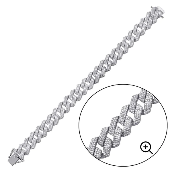 Sterling Silver Rhodium Plated CZ Encrusted Square Miami Cuban Link Bracelet