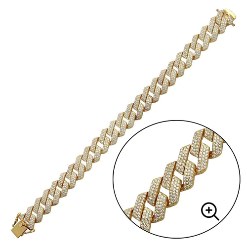 Sterling Silver Gold Plated CZ Encrusted Square Miami Cuban Link Hip Hop Bracelet Width-15mm