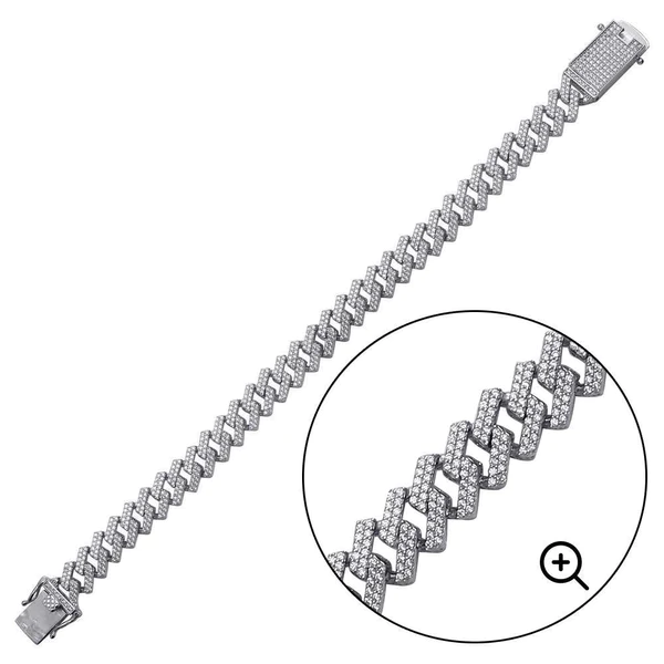 Sterling Silver Rhodium Plated CZ Encrusted Square Miami Cuban Link Bracelet-11mm