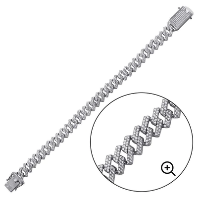 Sterling Silver Rhodium Plated CZ Encrusted Square Miami Cuban Link Bracelet-11mm