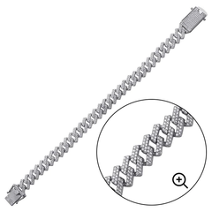 Sterling Silver Rhodium Plated CZ Encrusted Square Miami Cuban Link Bracelet-11mm