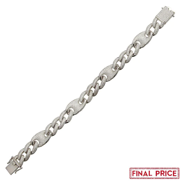 Sterling Silver Rhodium Plated CZ Encrusted Figaro MarinerBracelet