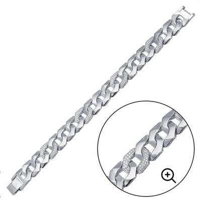 Sterling Silver Rhodium Plated CZ Square Curb Hip Hop Bracelet Width-14.2mm