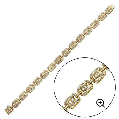 Sterling Silver Gold Plated CZ Square Link Hip Hop Bracelet Width-8.8mm