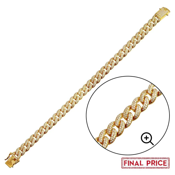Sterling Silver Gold Plated CZ Encrusted Miami Cuban Link Bracelet-9.5mm