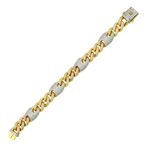 Sterling Silver Gold Plated CZ Encrusted Cuban Mariner Link Hip Hop Bracelet Width-13mm