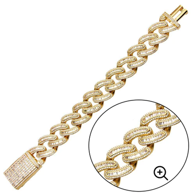 Sterling Silver Gold Plated CZ Encrusted Miami Cuban Link Hip Hop Bracelet Width-19.5mm