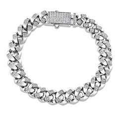 Sterling Silver Rhodium Plated Cuban Clear CZ Bracelet Width-11.3mm