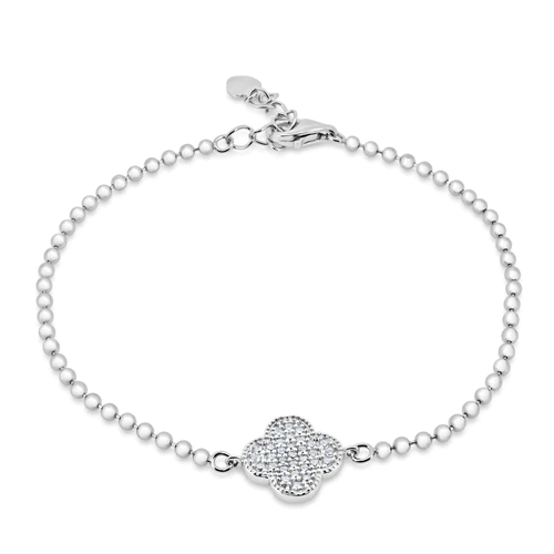 Sterling Silver Rhodium Plated Bead Flower CZ Chain Bracelet Bead