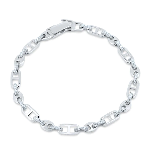 Sterling Silver Rhodium Plated Mariner Style CZ Link Bracelet, Length 7.5"