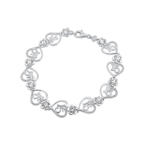 Sterling Silver Rhodium Plated Flower And Hearts Quincenera Bracelet