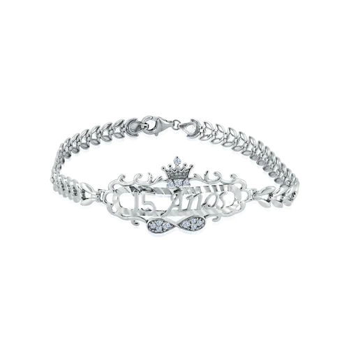 Sterling Silver Rhodium Plated Diamond Cut Quincinera Crown Infinity Clear CZ Bracelet