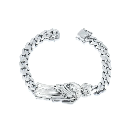 Sterling Silver Rhodium Plated St Jude Cuban Bracelet, Length 8"
