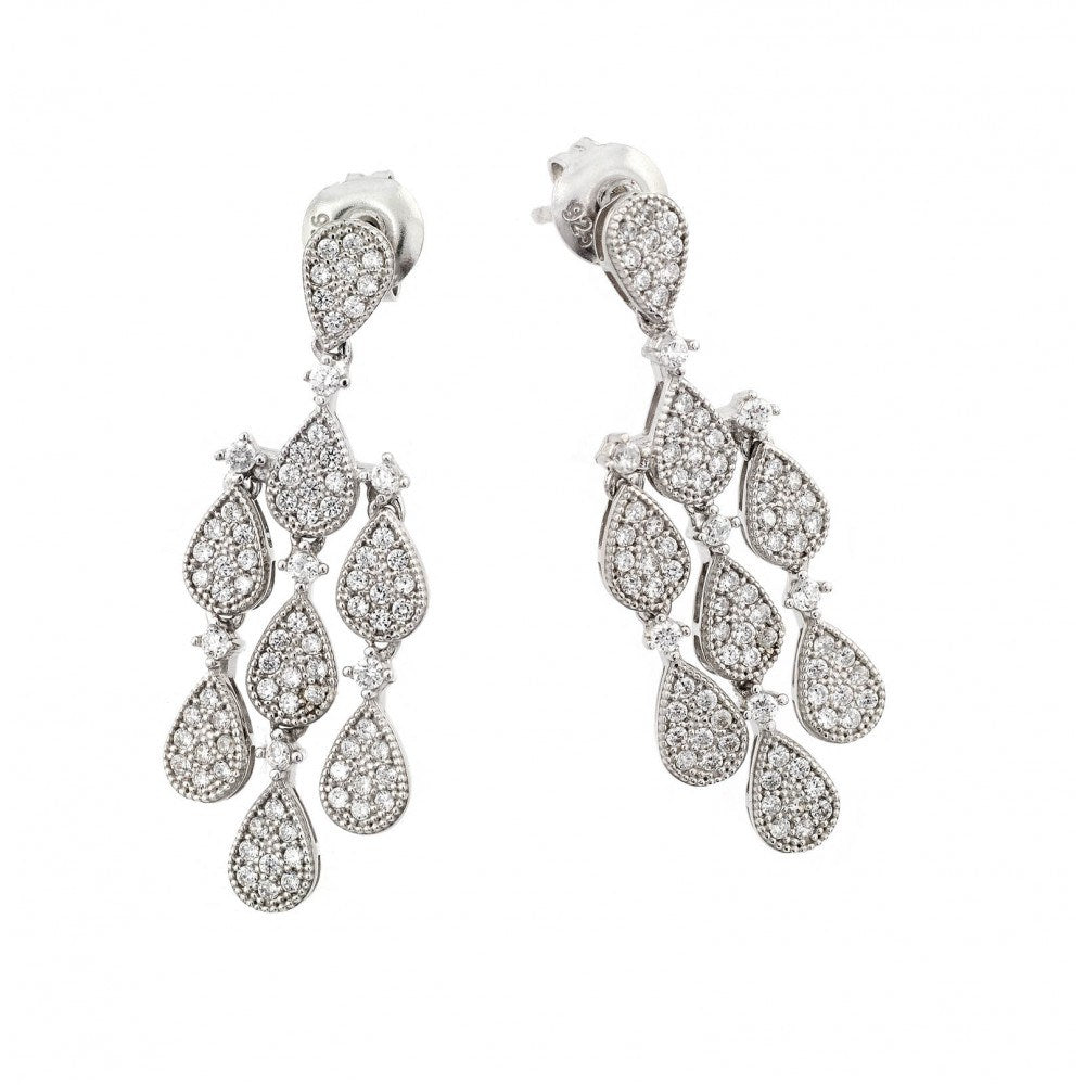 Sterling Silver Nickel Free Rhodium Plated Micro Pave Filigree Chandelier Dangling Shaped Stud Earring With CZ Stones