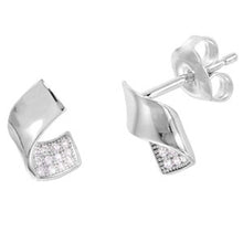 Load image into Gallery viewer, Sterling Silver Rhodium Plated Fancy Wave Stud Earring Embedded with Micro Pave Clear Cz StonesAnd Friction Back PostAnd Earring Dimensions of 10MMx7MM