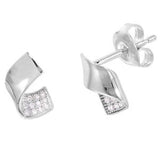 Sterling Silver Rhodium Plated Fancy Wave Stud Earring Embedded with Micro Pave Clear Cz StonesAnd Friction Back PostAnd Earring Dimensions of 10MMx7MM