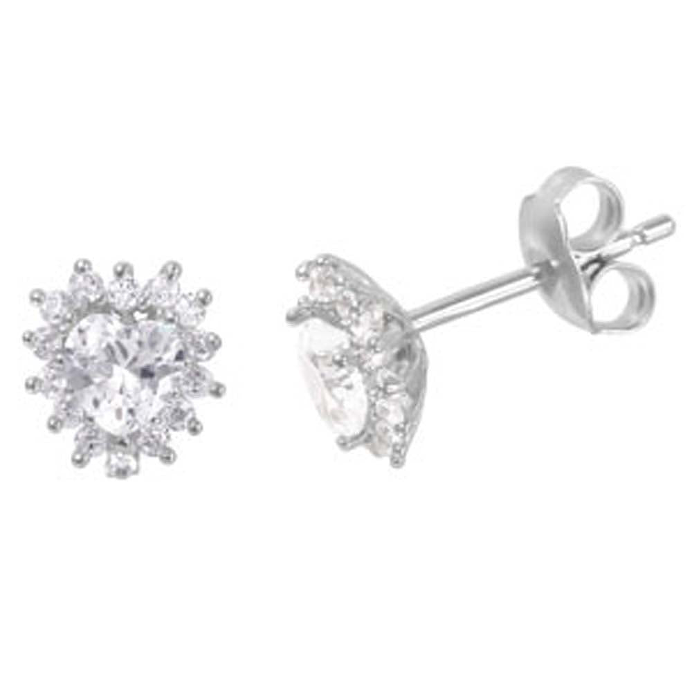 Sterling Silver Rhodium Plated Fancy Burst Heart Cut Clear Cz Stud Earring with Friction Back Post