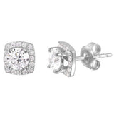 Sterling Silver Rhodium Plated Pronged Round Cut Clear Cz with Square Pave Halo Setting Stud EarringAnd Friction Back PostAnd Earring Dimensions of 8MMx7MM