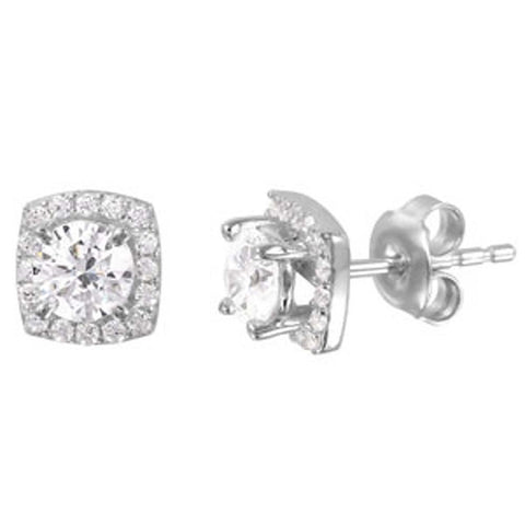 Sterling Silver Rhodium Plated Pronged Round Cut Clear Cz with Square Pave Halo Setting Stud EarringAnd Friction Back PostAnd Earring Dimensions of 8MMx7MM