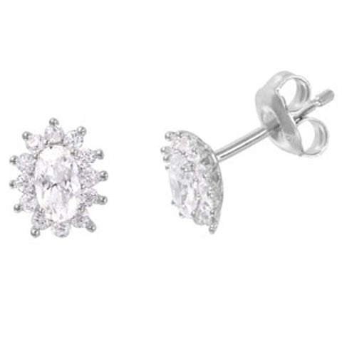 Sterling Silver Rhodium Plated Fancy Burst Oval Cut Clear Cz Stud Earring with Friction Back PostAnd Earring Dimensions of 8MMx6MM